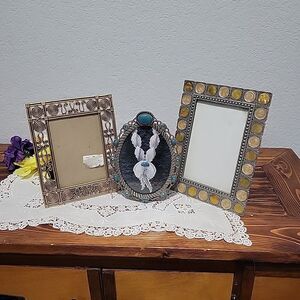 Lot of 3 VTG Picture Frames Boho Wedding Gold Tone Silver Turquoise Enamel Decor